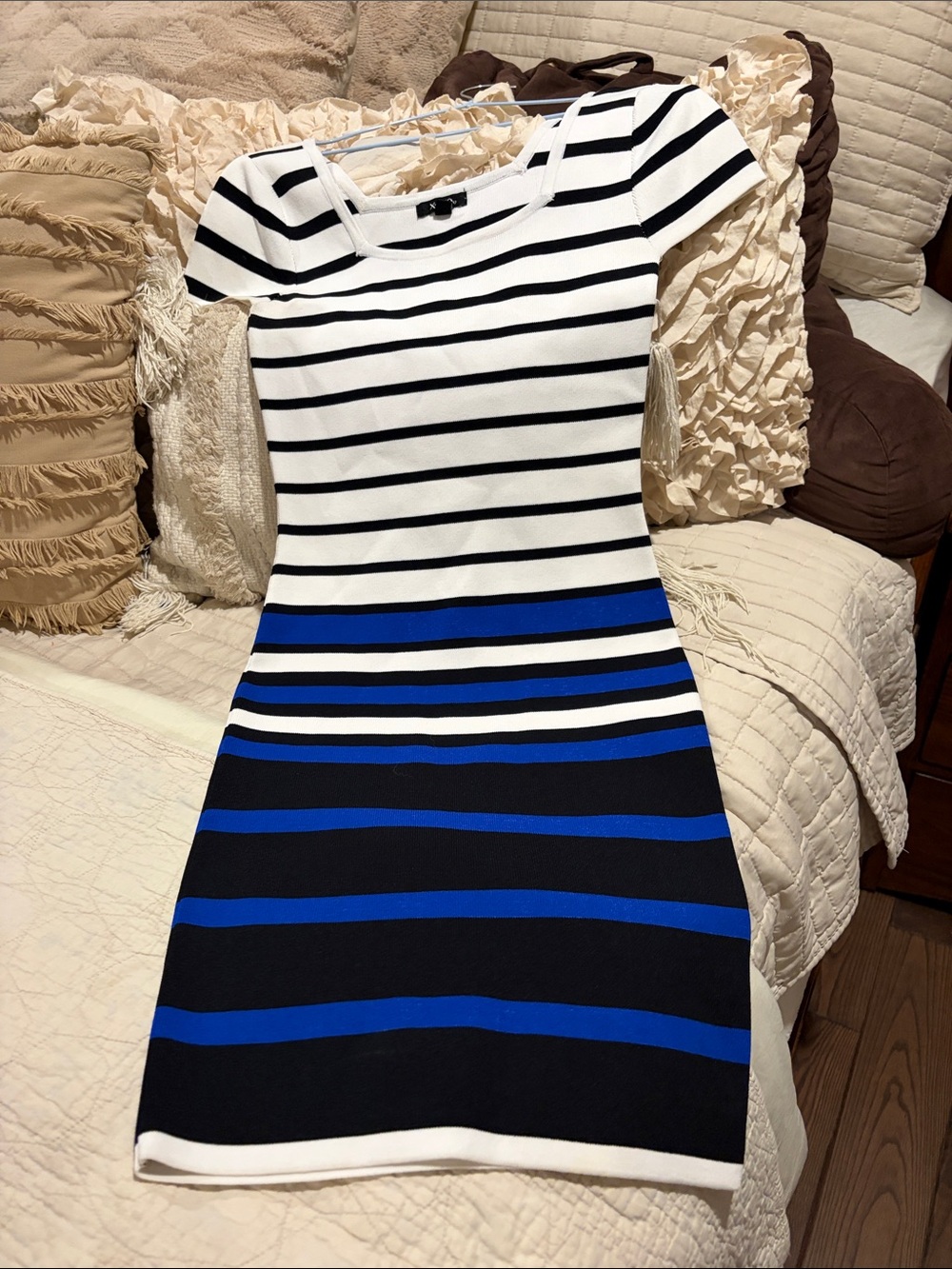 XOXO White, Black & Blue Striped Short-Sleeve Bodycon Mini Dress